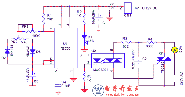 NE555与TIC226可控硅组成的调光电路图