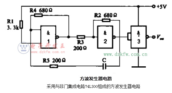 采用与非门集成电路74LS00组成的方波发生器电路