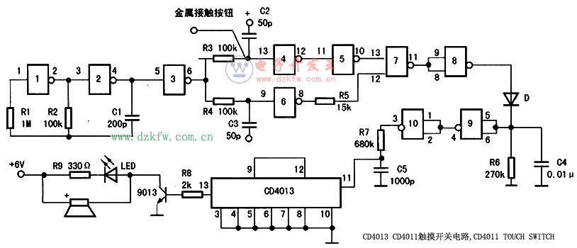 CD4013 CD4011触摸开关电路,CD4011 TOUCH SWITCH