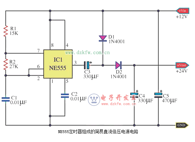 NE555定时器组成的简易直流倍压电源电路