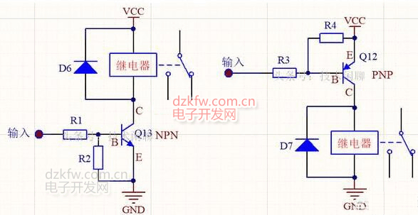 NPN和PNP三极管继电器电路比较，三极管驱动继电器原理